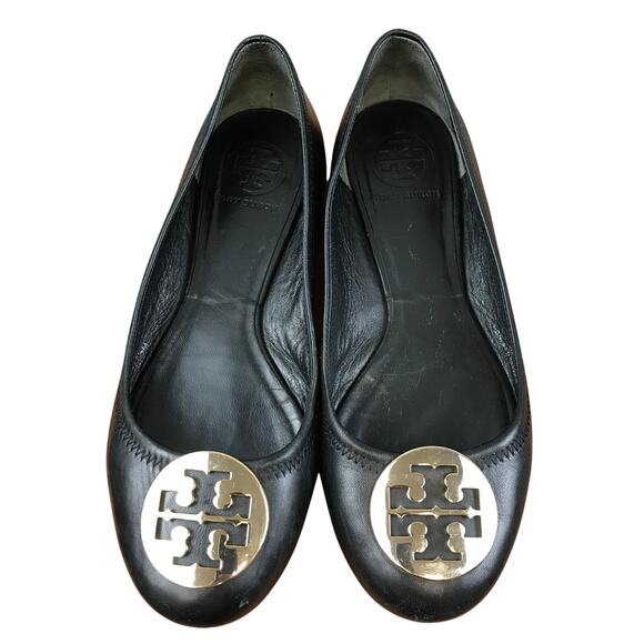 Tory Burch Reva Black Leather Ballet Flats Silver size 7.5 - Picture 1 of 8